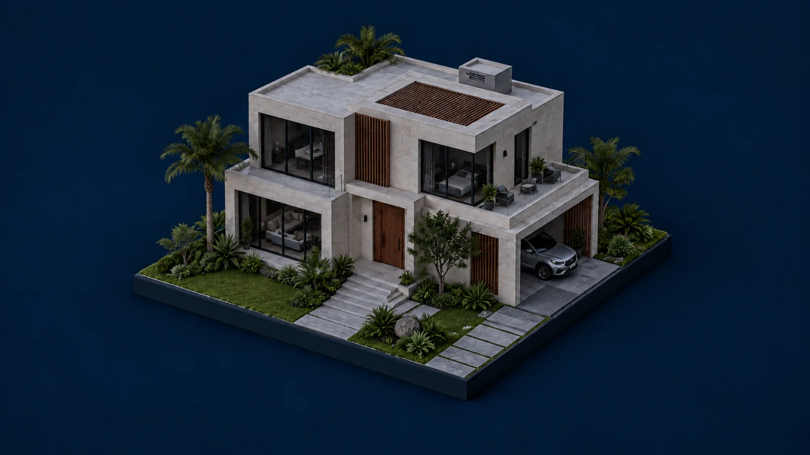 Casa inteligente en perspectiva con las luces encendidas