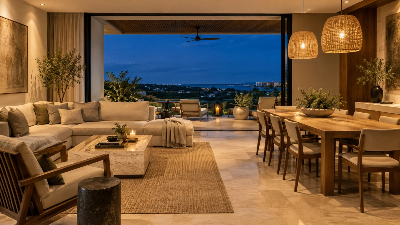 Sala y comedor de un departamento contemporáneo con balcón