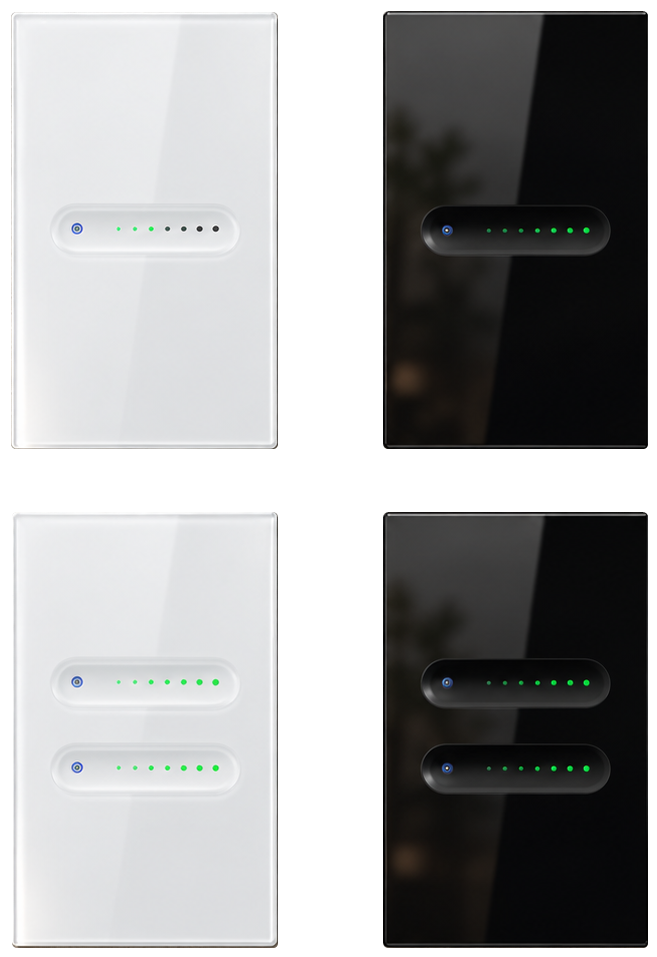 Serie Dimma: cuatro controles de iluminación blancos y negros, de una y dos zonas